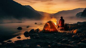 Nacht Camping auf das Banken von männlich und weiblich Wanderer Dort ist dick Nebel entlang das Fluss. foto