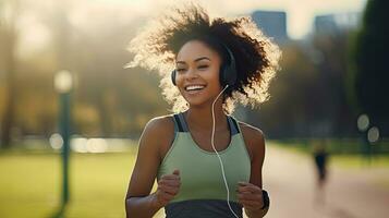 lächelnd schwarz Frau im Sport Kleider Laufen im ein Grün Park genießen Hören zu Musik- mit kabellos Kopfhörer Nahansicht foto