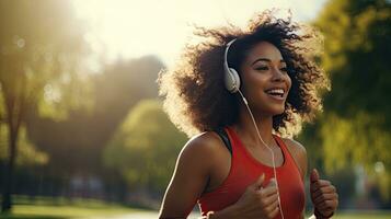 lächelnd schwarz Frau im Sport Kleider Laufen im ein Grün Park genießen Hören zu Musik- mit kabellos Kopfhörer Nahansicht foto