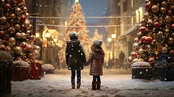 zwei jung Mädchen Stehen auf das Weihnachten Straße suchen beim das Weihnachten Baum bedeckt mit Schnee foto