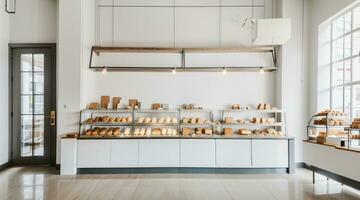 3d machen Brot Cafe Innere zu verkaufen Gebäck und Kuchen foto
