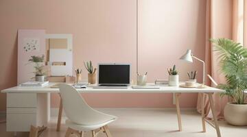 minimalistisch Sanft Pastell- Farbe Schreibtisch Konfiguration Innere Zuhause Büro foto