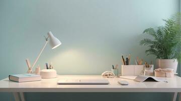 minimalistisch Sanft Pastell- Farbe Schreibtisch Konfiguration Innere Zuhause Büro foto