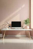 minimalistisch Sanft Pastell- Farbe Schreibtisch Konfiguration Innere Zuhause Büro foto