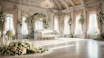 dekoriert Halle zum Hochzeit ist bereit zum Feier foto