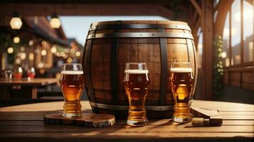 realistisch Oktoberfest Bier Fass mit Bier Brille auf hölzern Tabelle foto