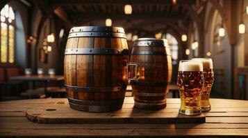 realistisch Oktoberfest Bier Fass mit Bier Brille auf hölzern Tabelle foto