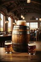 realistisch Oktoberfest Bier Fass mit Bier Brille auf hölzern Tabelle foto