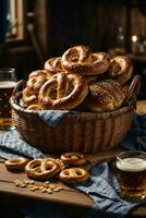 Oktoberfest Anordnung mit köstlich Brezel und Bier Festival foto