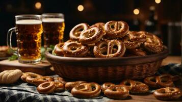 Oktoberfest Anordnung mit köstlich Brezel und Bier Festival foto