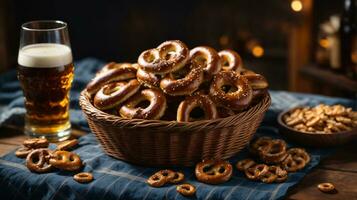 Oktoberfest Anordnung mit köstlich Brezel und Bier Festival foto