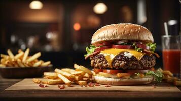 immer noch Leben von köstlich amerikanisch Hamburger und Französisch Fritten auf hölzern Tabelle foto