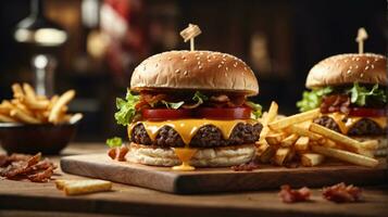 immer noch Leben von köstlich amerikanisch Hamburger und Französisch Fritten auf hölzern Tabelle foto