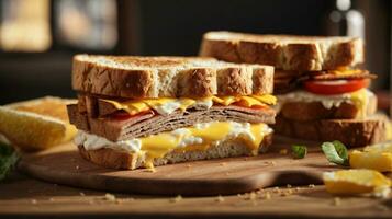 Sandwich mit gemischt Zutaten und Französisch Fritten auf ein hölzern Tafel foto