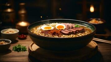 Foto von Ramen Suppe mit Nudeln Sanft Ei und Chashu Schweinefleisch auf ein dunkel Hintergrund