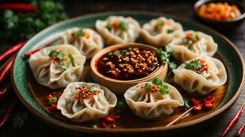 ein Bambus Dampfer mit ein Schüssel von köstlich Chinesisch Knödel foto