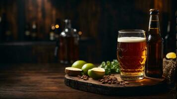 Foto von Glas Bier und Snacks mit Flasche im Hintergrund im Bar