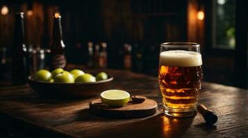 Foto von Glas Bier und Snacks mit Flasche im Hintergrund im Bar