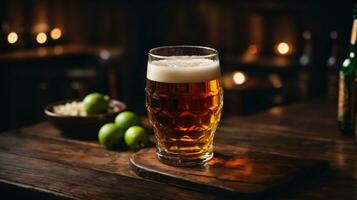 Foto von Glas Bier und Snacks mit Flasche im Hintergrund im Bar