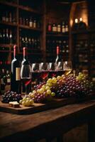 lecker Wein vereinbart worden auf Tabelle und das Regal im Wein Keller Hintergrund foto