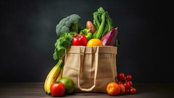 ein Tasche Tasche gefüllt mit Obst und Gemüse. ai generieren foto