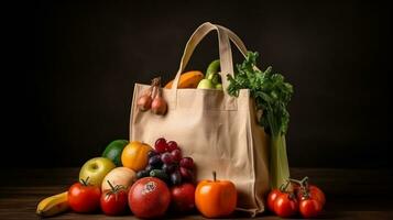 ein Tasche Tasche gefüllt mit Obst und Gemüse. ai generieren foto