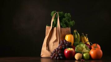 ein Tasche Tasche gefüllt mit Obst und Gemüse. ai generieren foto