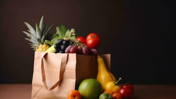 ein Tasche Tasche gefüllt mit Obst und Gemüse. ai generieren foto