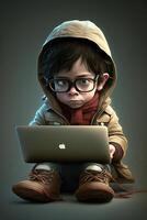 Illustration von ein Junge Arbeiten auf seine Laptop, ai generativ foto