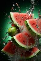 Wassermelone reif mit fliegend Spritzen foto