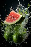 Wassermelone reif mit fliegend Spritzen foto