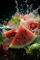 Wassermelone reif mit fliegend Spritzen foto