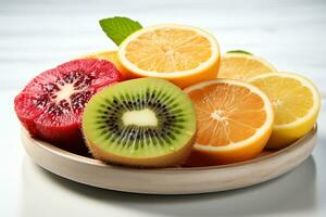 Zitrusfrüchte Obst Scheiben Stehen auf ein Weiß Hintergrund foto