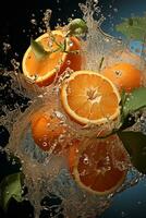 Orange reif mit fliegend Spritzen Über ein Grün Hintergrund foto