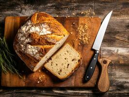 Brot Schnitt mit Messer auf hölzern Tafel generativ ai foto