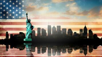 Silhouette von Neu York Horizont mit amerikanisch Flagge generativ ai foto