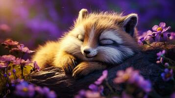süß Eichhörnchen Schlafen friedlich auf Blumen Fußboden generativ ai foto