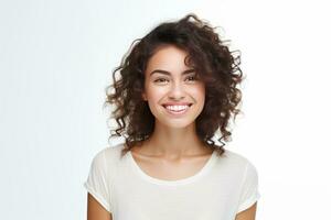 glücklich Gesicht von jung Frau auf Weiß Hintergrund generativ ai foto