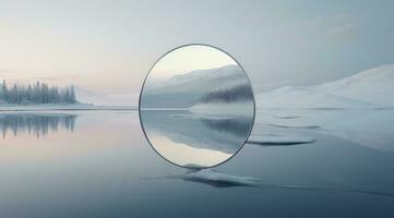 ein Spiegel mögen Objekt schwimmt Über ein gefroren See generativ ai foto