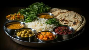 verschiedene indisch Essen Gericht auf Thali generativ ai foto
