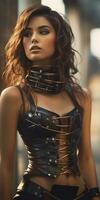 ein jung Frau tragen schwer industriell Stahl Halsband mit schwarz Outfits generativ ai foto