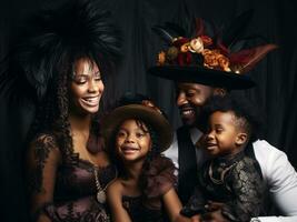 glücklich schwarz Familie im Designer Kleid auf dunkel Hintergrund generativ ai foto