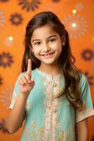 glücklich indisch Mädchen zeigt an ihr einer Finger auf Kamera generativ ai foto