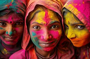 bunt Gesicht von drei indisch Frau generativ ai foto