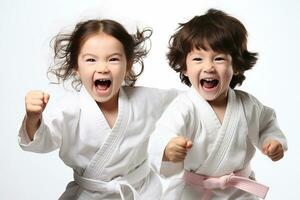zwei energisch Kinder im Karate Uniformen auf Weiß Hintergrund generativ ai foto