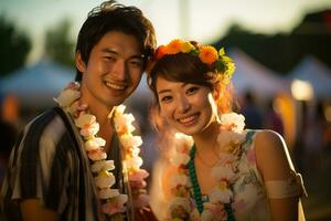 ein japanisch glücklich Paar tragen Girlande generativ ai foto