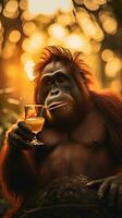 ein Orang-Utan Trinken etwas im Glas generativ ai foto