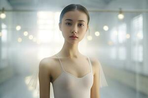 ein jung Mädchen Ballett im Tutu Kleid im ihr trainieren Zimmer generativ ai foto