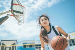 süß japanisch Frau Basketball Spieler auf Gericht generativ ai foto