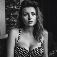 schwarz und Weiß Foto von ein schön jung weiblich tragen Polka Punkt bustier oben generativ ai